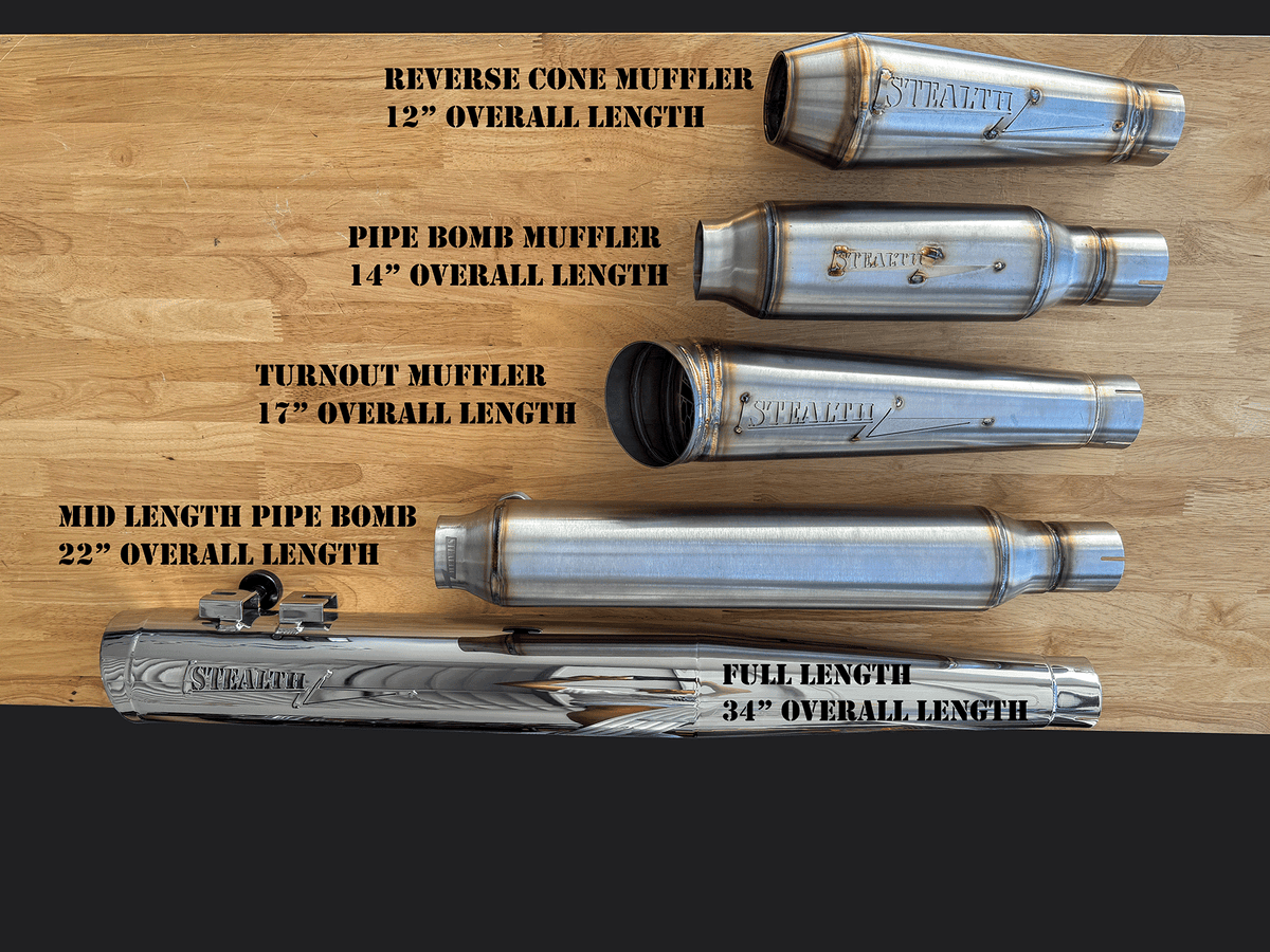 All Stealth Pipes Mufflers with Overall Lengths Reverse Cone Pipe Bomb Turnout Mid Length Full Length, photo 19 of 30