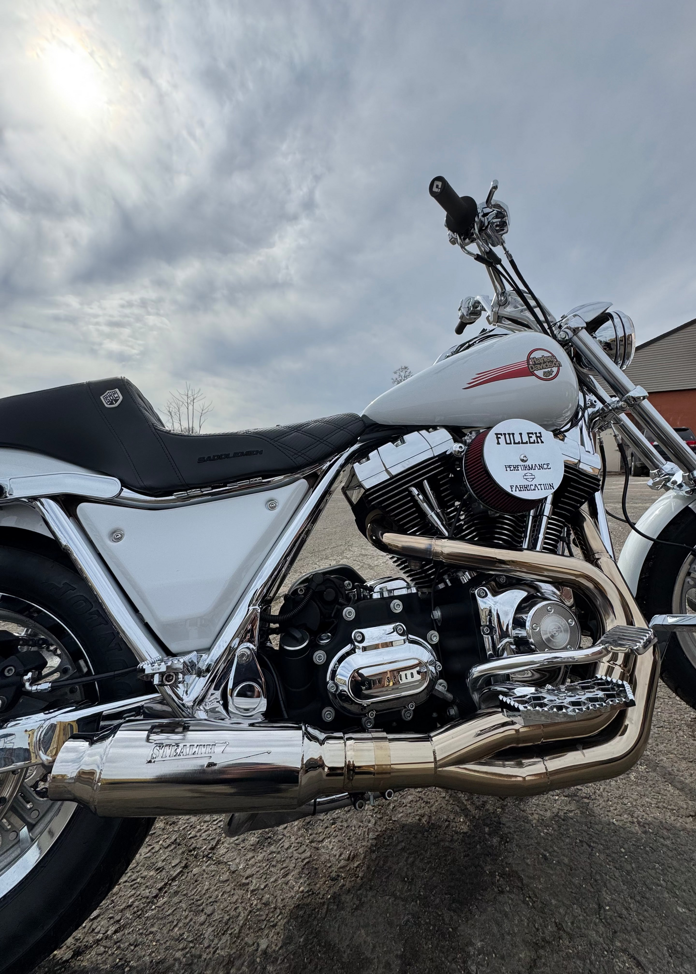 Stealth Pipes exhaust system on Harley FXR – rear angle, stainless muffler upgrade for 1985–1994 models, photo 8 of 9