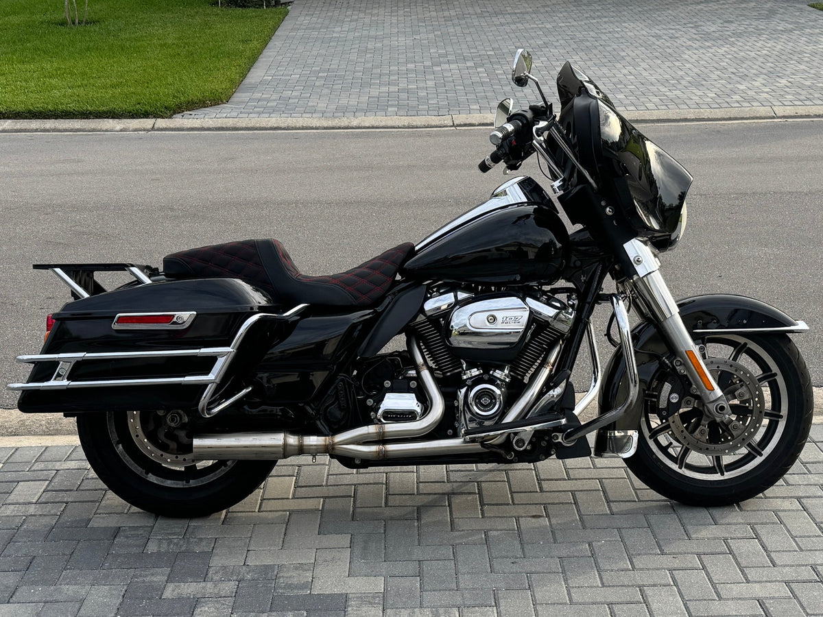 Stealth Pipes Breacher muffler on Harley motorcycle – rear angle showing stainless exhaust upgrade, photo 7 of 7