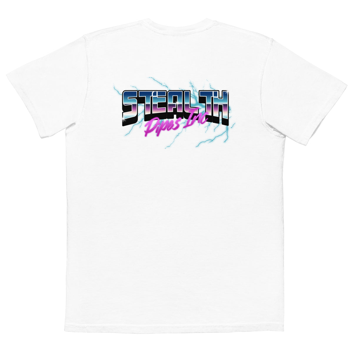 Stealth Pipes 80’s Electricity T-shirt in white – neon electric logo close-up, photo 6 of 6