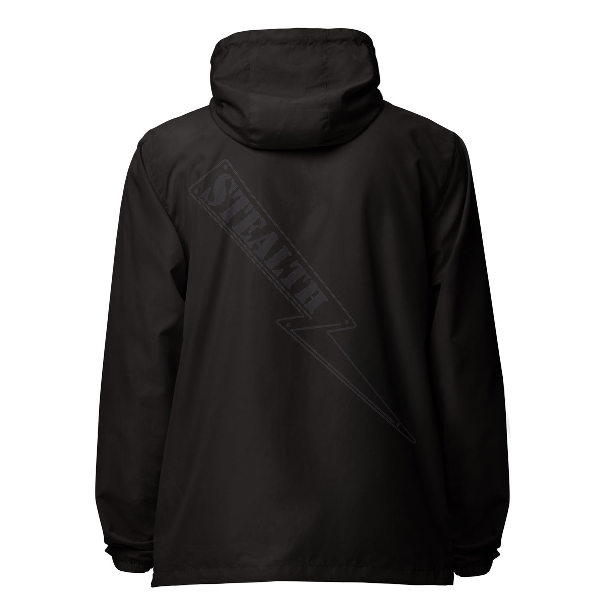 A high-visibility black windbreaker with 'STEALTH RIDER' text on the back, featuring a hood, zippered front, and welt pockets., photo 4 of 24
