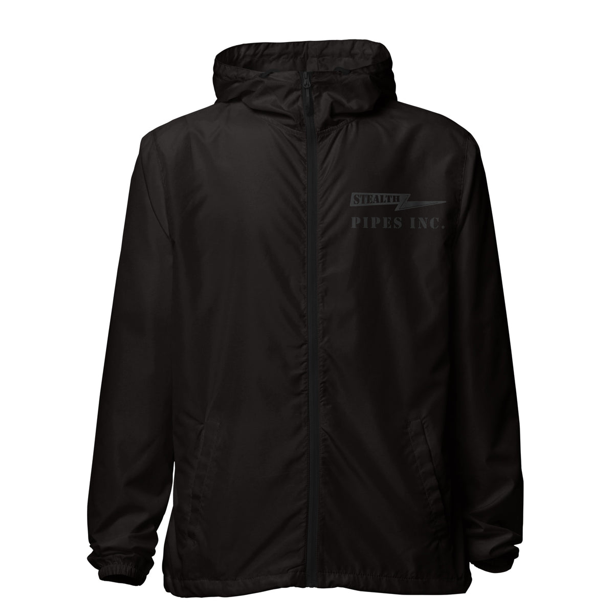 A high-visibility black windbreaker with 'STEALTH RIDER' text on the back, featuring a hood, zippered front, and welt pockets., photo 1 of 24