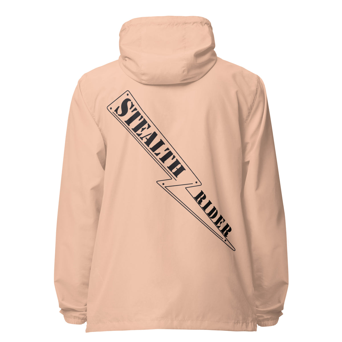 A high-visibility peach windbreaker with 'STEALTH RIDER' text on the back, featuring a hood, zippered front, and welt pockets., photo 20 of 24