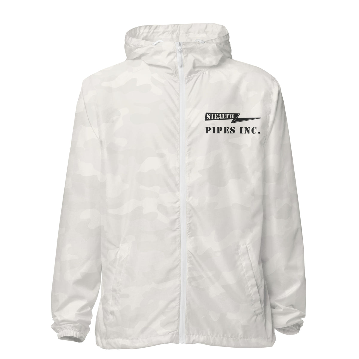 A high-visibility white windbreaker with 'STEALTH RIDER' text on the back, featuring a hood, zippered front, and welt pockets., photo 3 of 24