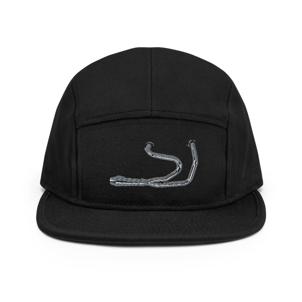 Black 5 panel camper hat with embroidered Stealth Pipes logo on front panel, photo 1 of 12