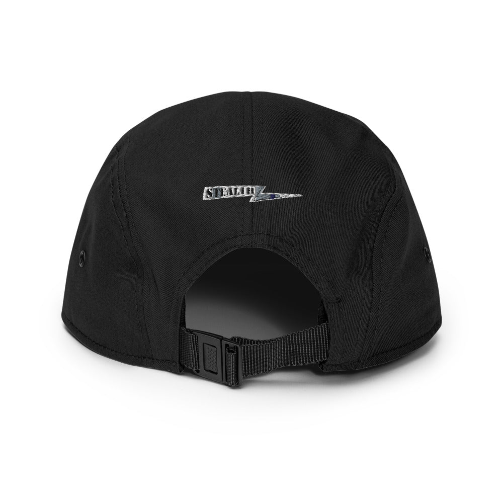 Back view of black Stealth Pipes 5 panel camper cap with adjustable nylon strap, photo 6 of 12