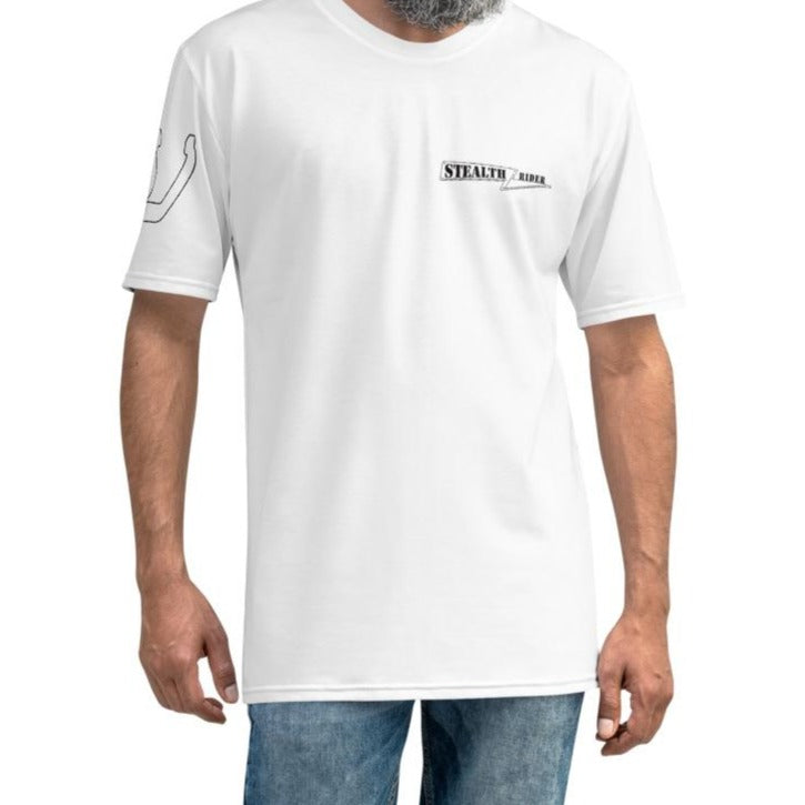 Stealth Rider T-shirt front view in white with minimal logo design, photo 1 of 4