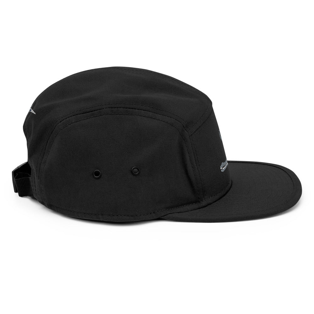 Side view of black Stealth Pipes 5 panel camper cap with adjustable nylon strap, photo 5 of 12