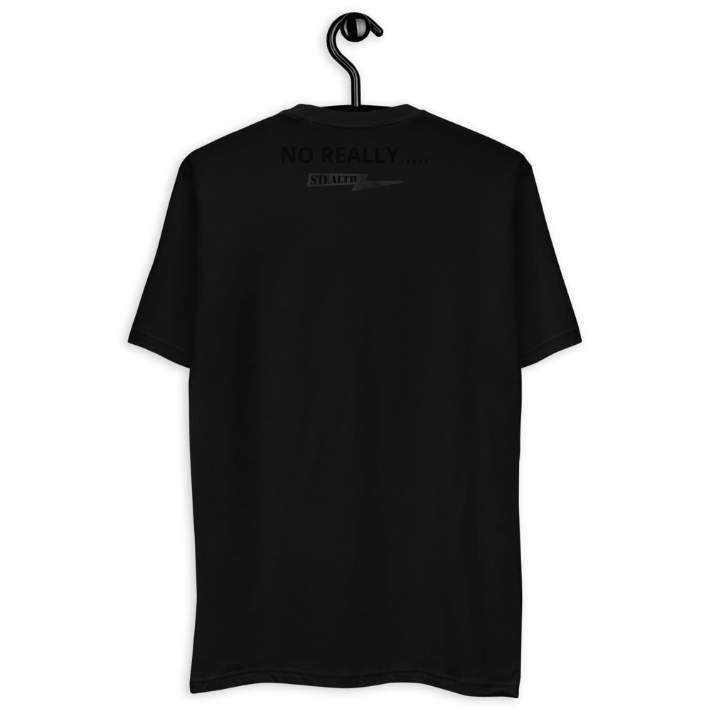Back of black No Really T-shirt with Stealth Pipes Inc. logo, photo 2 of 8