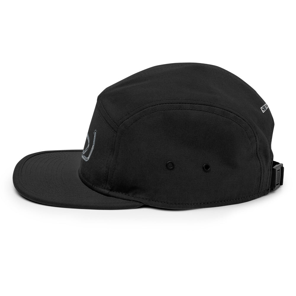 Side view of black Stealth Pipes 5 panel camper cap with adjustable nylon strap, photo 4 of 12