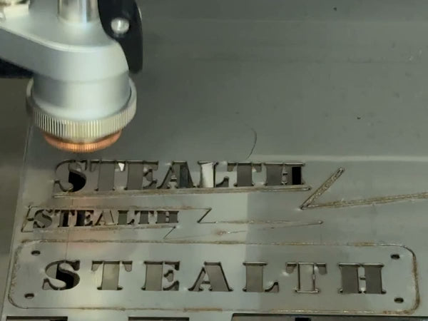 STEALTH badge plate just cut on the fibre laser in the Stealth Pipes shop